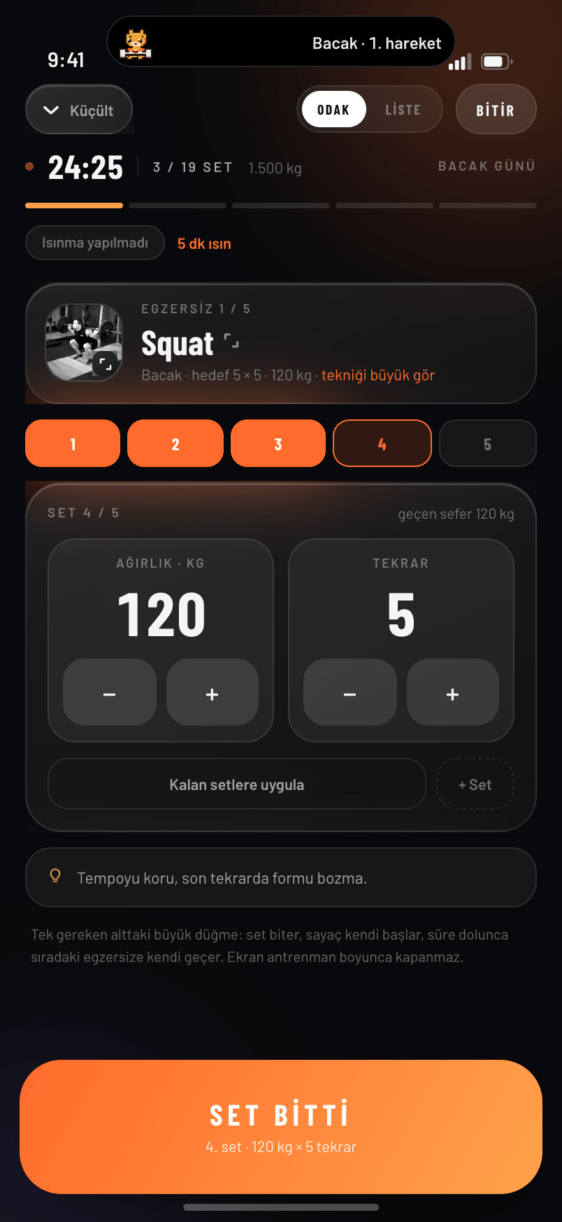 ClubGym uygulaması · canlı antrenman, set kaydı